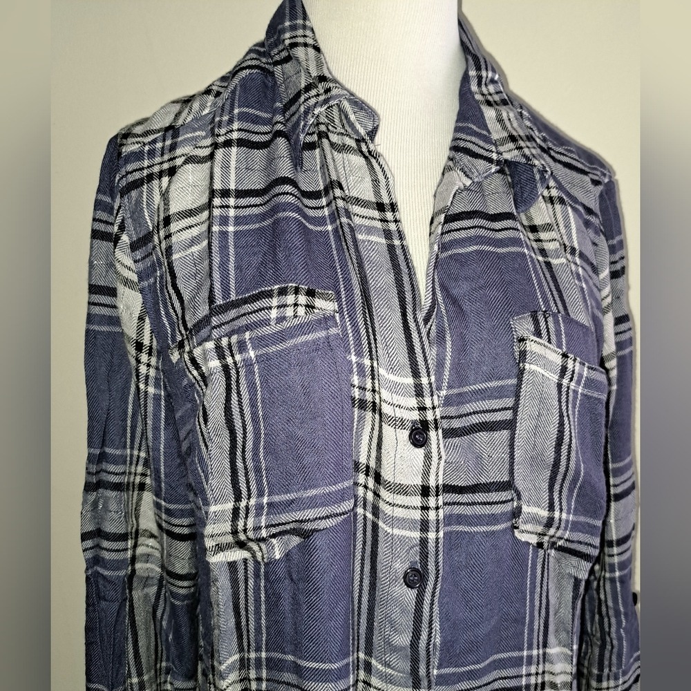 KUT from the Kloth Blue Plaid Metallic Shimmer Button Down Shirt Large - Picture 4 of 7